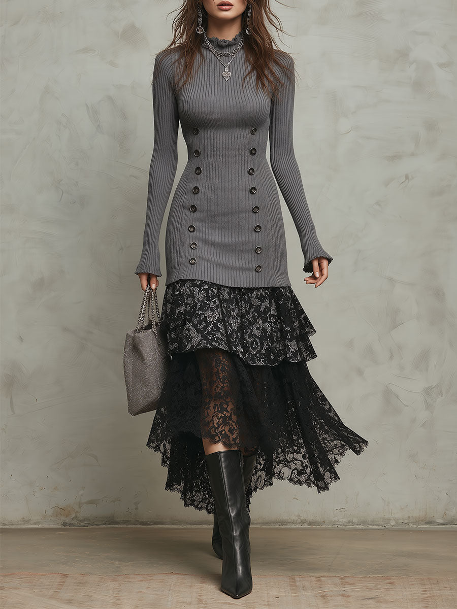 Boho High Neck Decorative Buttons Ribbed Maxi Dress with Lace-paneled Hem