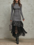 Boho High Neck Decorative Buttons Ribbed Maxi Dress with Lace-paneled Hem