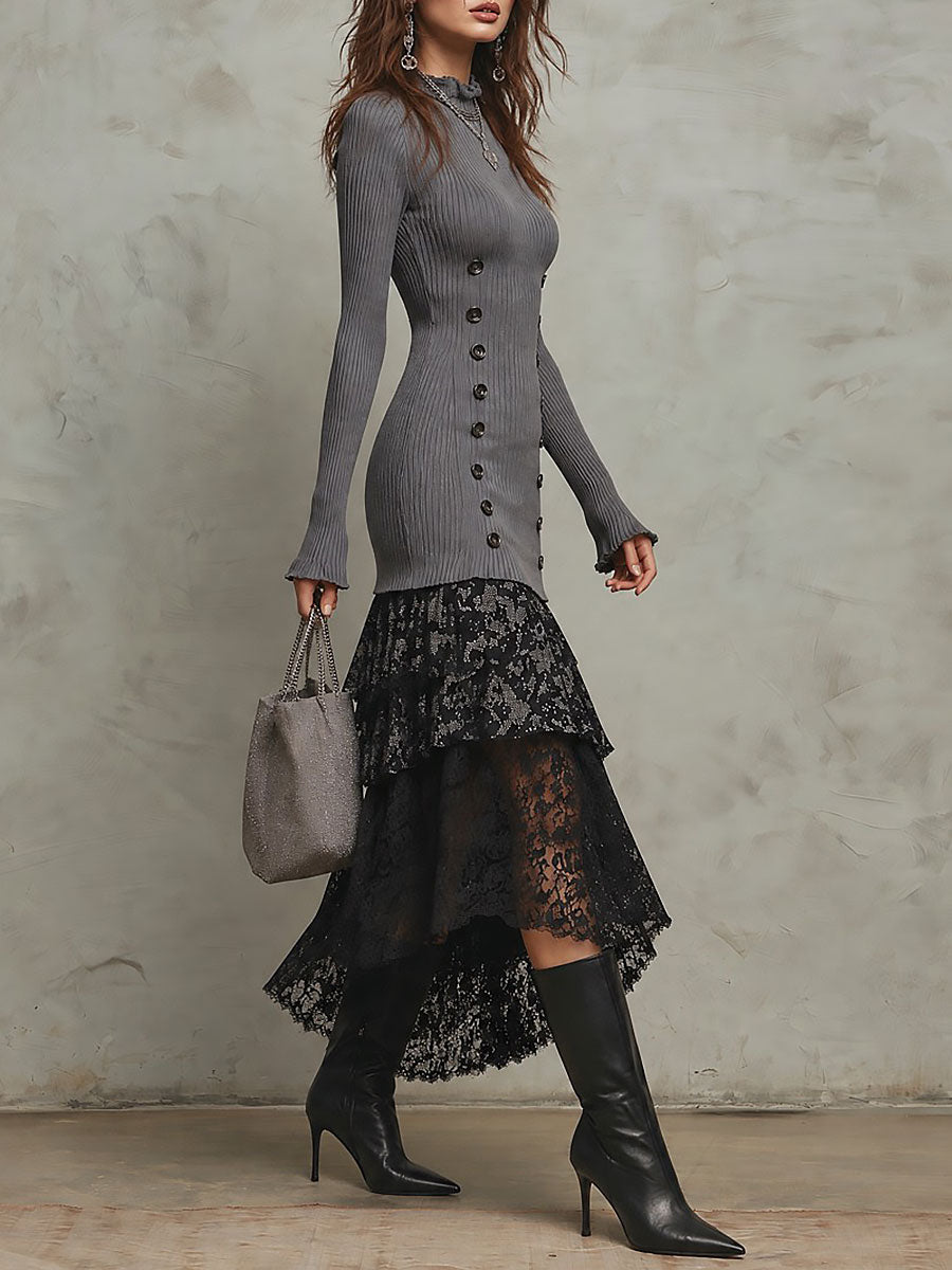 Boho High Neck Decorative Buttons Ribbed Maxi Dress with Lace-paneled Hem