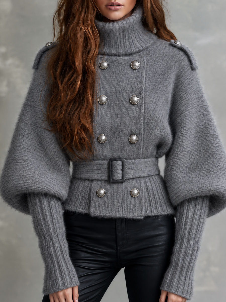 Retro Grey Knit Turtleneck Double-Breasted Belted Jacket With Puff Sleeves