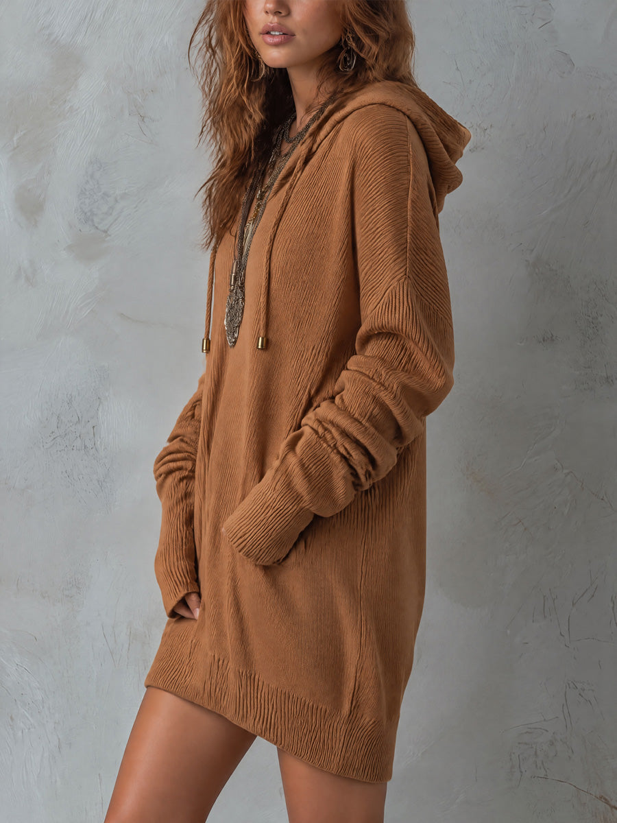 Vintage V-Neck Drawstring Ribbed Knit Hooded Mini Dress