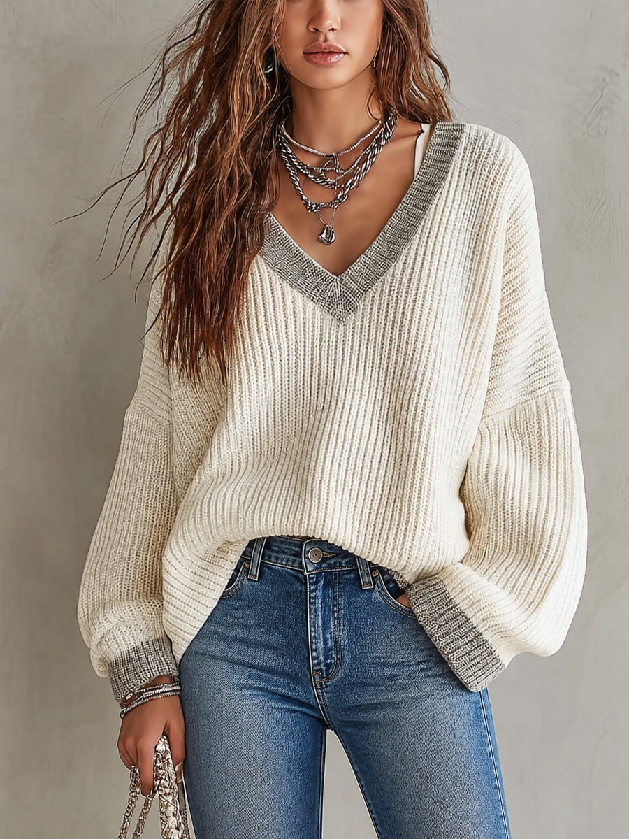 Vintage V-Neck Gray Contrast Trim Ribbed Knit Sweater