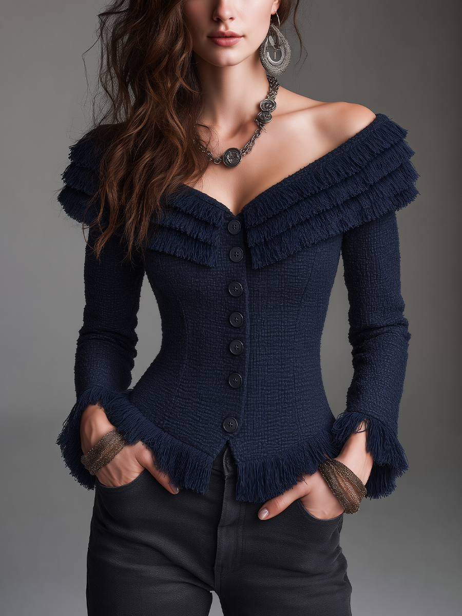 Elegant Navy Blue Off Shoulder Fringe Trim Knit Top