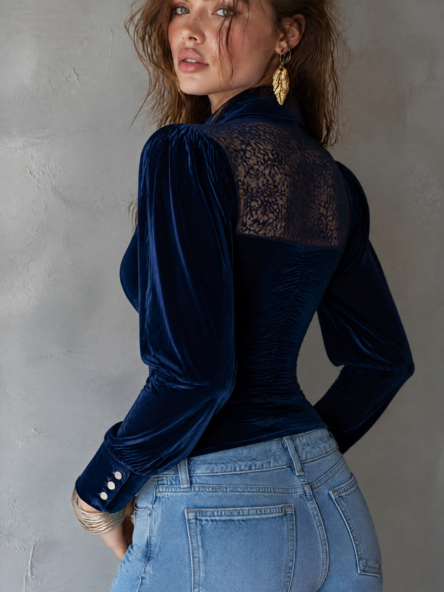 Vintage Velvet Lace-Yoke Asymmetry Zip-Front Long-Sleeve Blouse