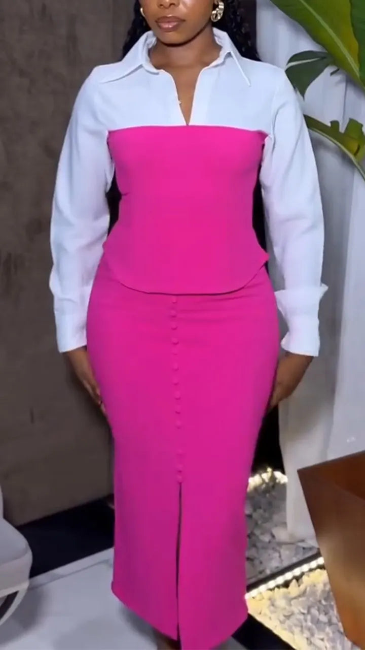 Women Collar Fake Two-piece Shirt + Half Skirt Elegant Temperament Commuting Style Set