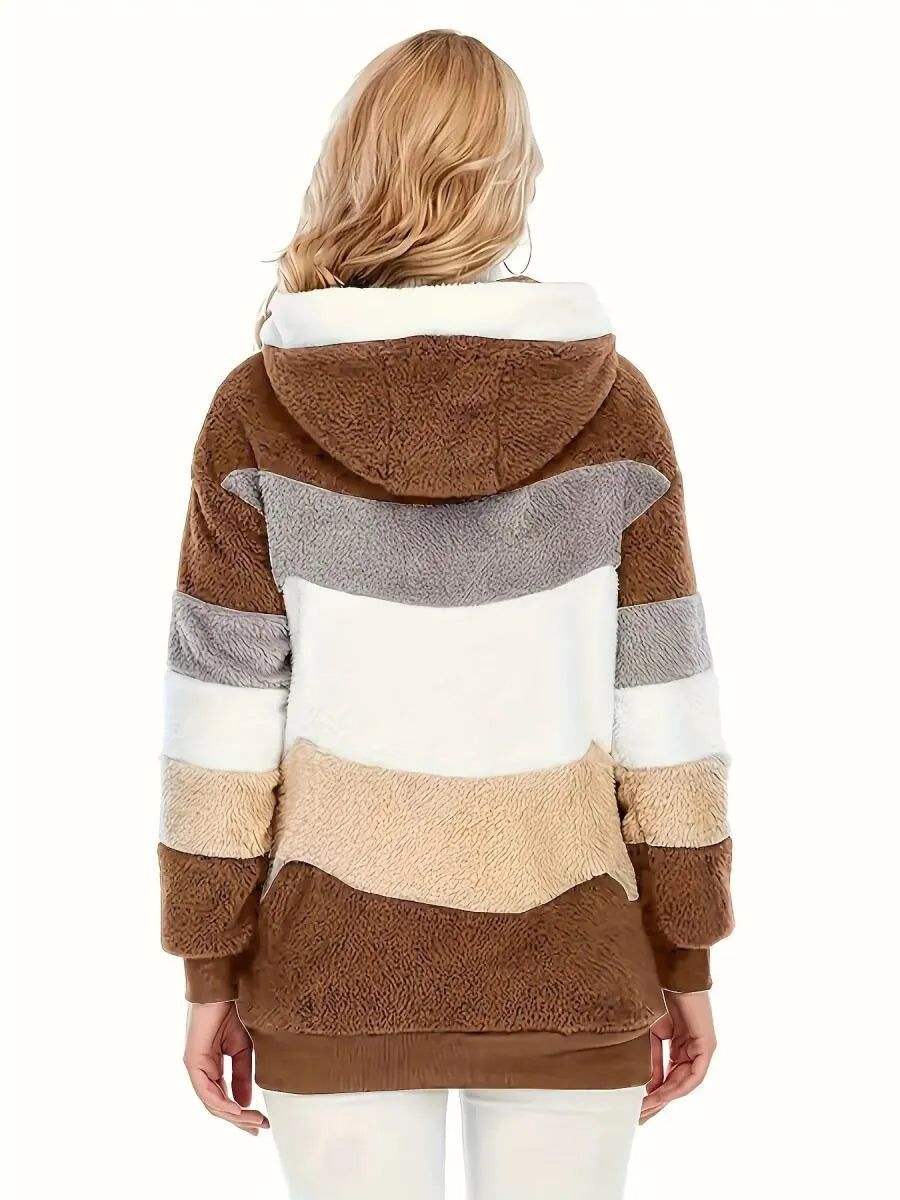Women's Hooded Contrasting Color Casual Plush Coat