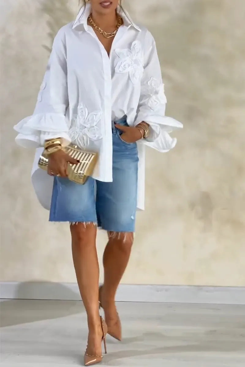 Women's Casual Loose Floral Decoration High Low Shirt