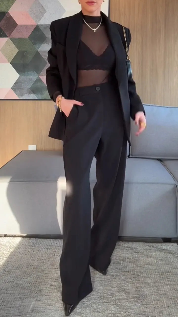 Women Lapel Jacket + Pants Solid Color Temperament Commuter Set