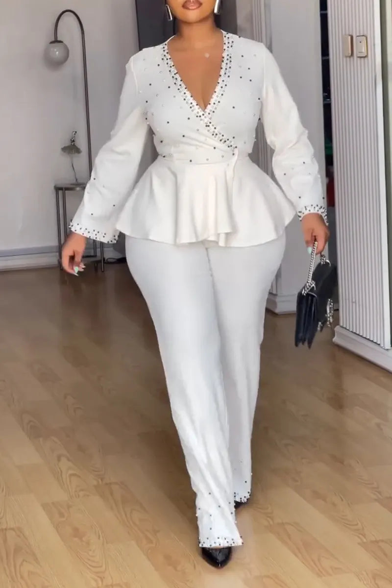 Women's Elegant V-Neck Beaded Flounce Shirts & Pants
