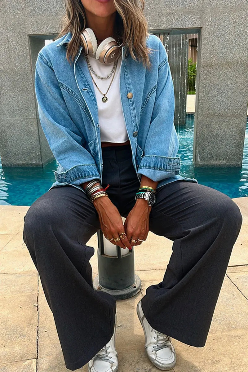 Women Washed Denim Cotton Loose Retro Water Blue Lapel Double Pocket Jacket