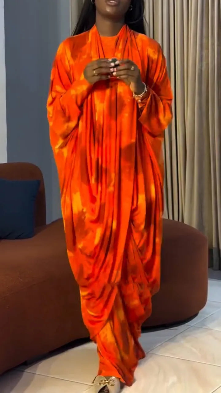 Women Round Neck Tie Dye Dress + Cover-up Casual Set