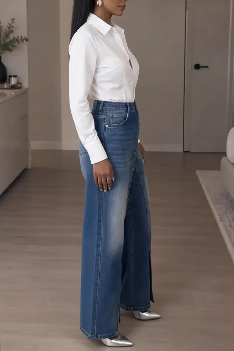 Women's High Waist Wide Leg Studded Detail Blue Denim Jeans