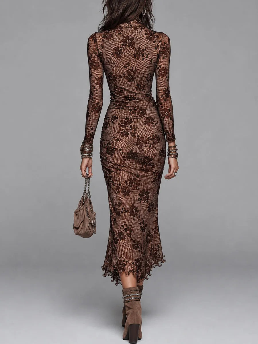 Brown Floral And Plaid Long Sleeve Mesh Midi Dress