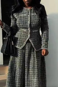Women Round Neck Elegant Temperament Coarse Tweed Top or Skirt