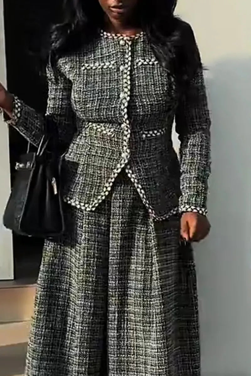 Women Round Neck Elegant Temperament Coarse Tweed Top or Skirt