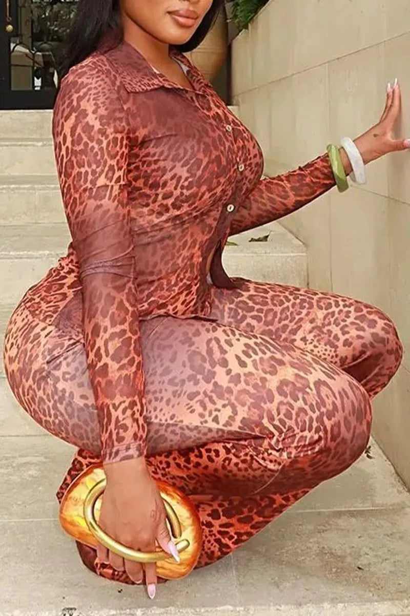 Women Collar Leopard Print Top + Pants Casual Outfit with Temperament