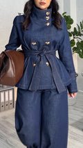 Women Standing Collar Jacket+ Pants Style Casual Denim Suit