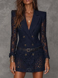 Double Breasted Notched Lapel Long Sleeve Navy Floral Lace Blazer Mini Dress With Belt