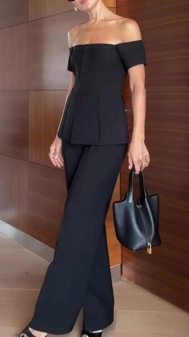 Womens One-shoulder Button-down Top + Pants Solid Color Casual Suit