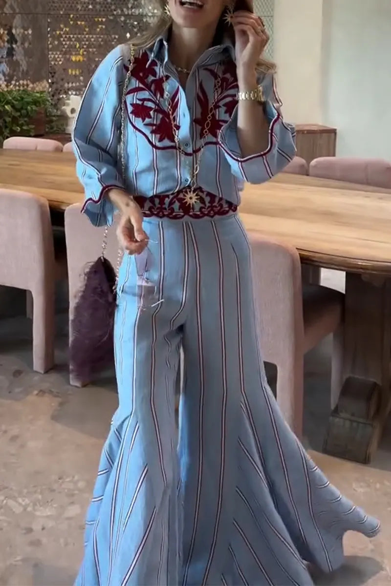 Women Collar Printed Top+ Wide Leg Pants Casual Set with Temperament