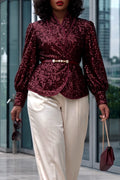 Women's Sparkly Sequin Wrap Top with Belt Long Bishop Sleeve Shawl Lapel Cocktail Jacket