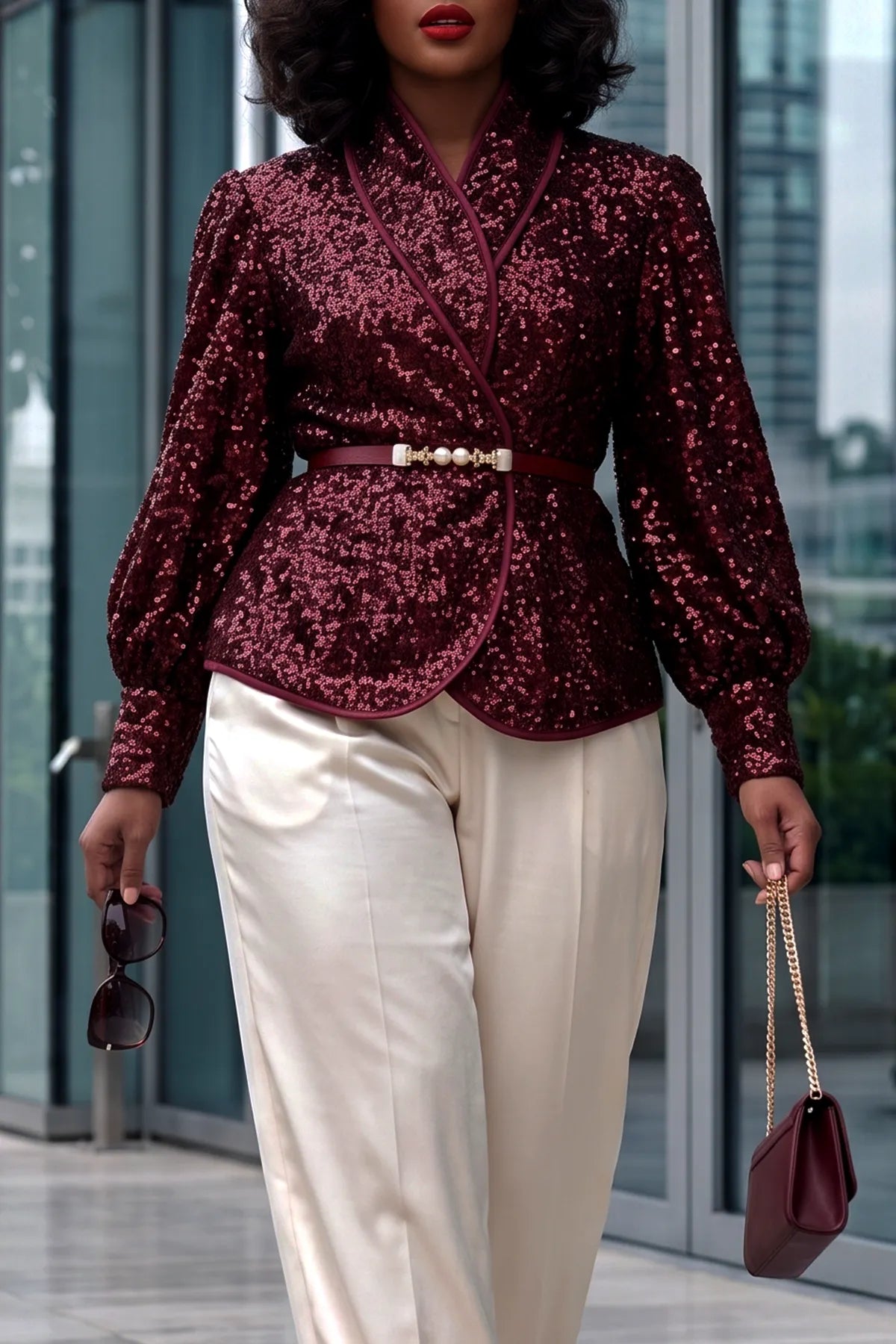 Women's Sparkly Sequin Wrap Top with Belt Long Bishop Sleeve Shawl Lapel Cocktail Jacket