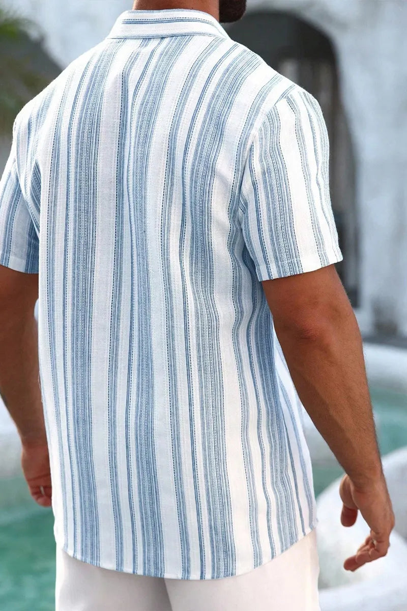 Men Blue White Vertical Stripe Textured Lapel Short Sleeve Button Down Shirt