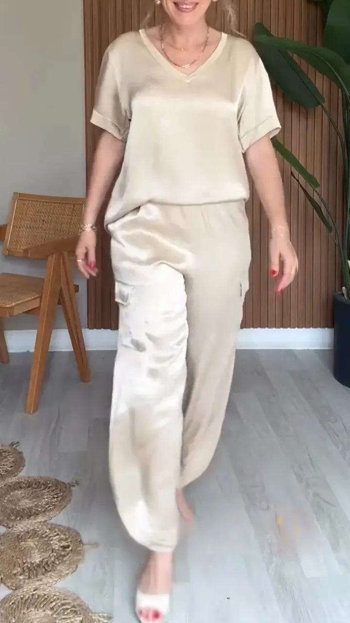 Ladies V-neck Solid Color Casual Suit
