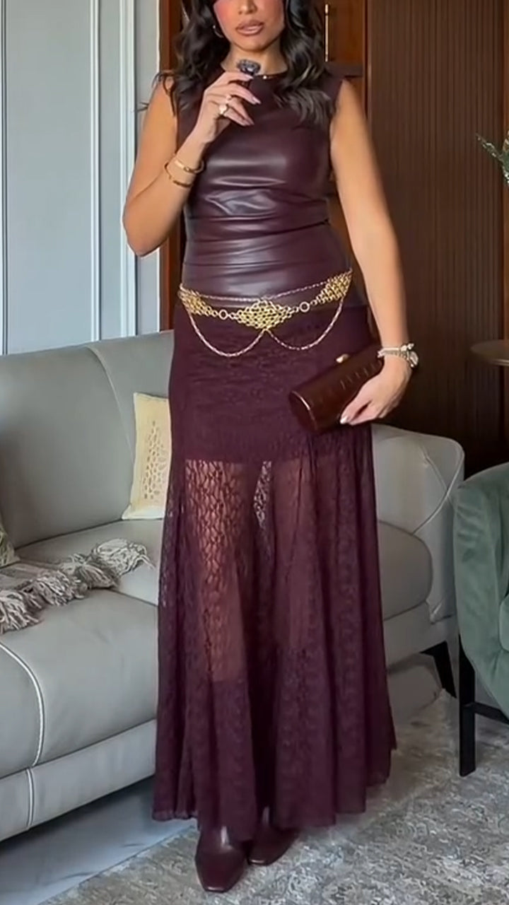 Women Round Neck Leather Top + Patchwork Printed Hollowed-out Skirt Casual Set