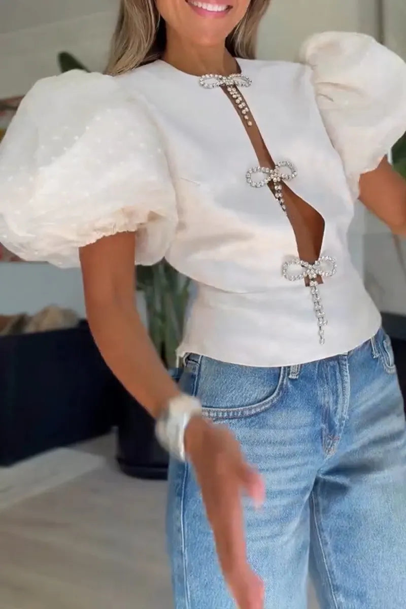 Women's Elegant Rhinestone Bow Puff Sleeve Top