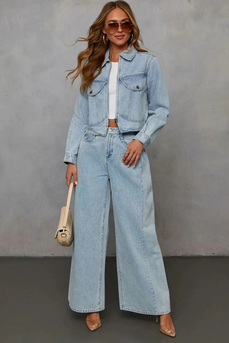 Women's Casual Loose Denim Jacket + Wide-Leg Jeans