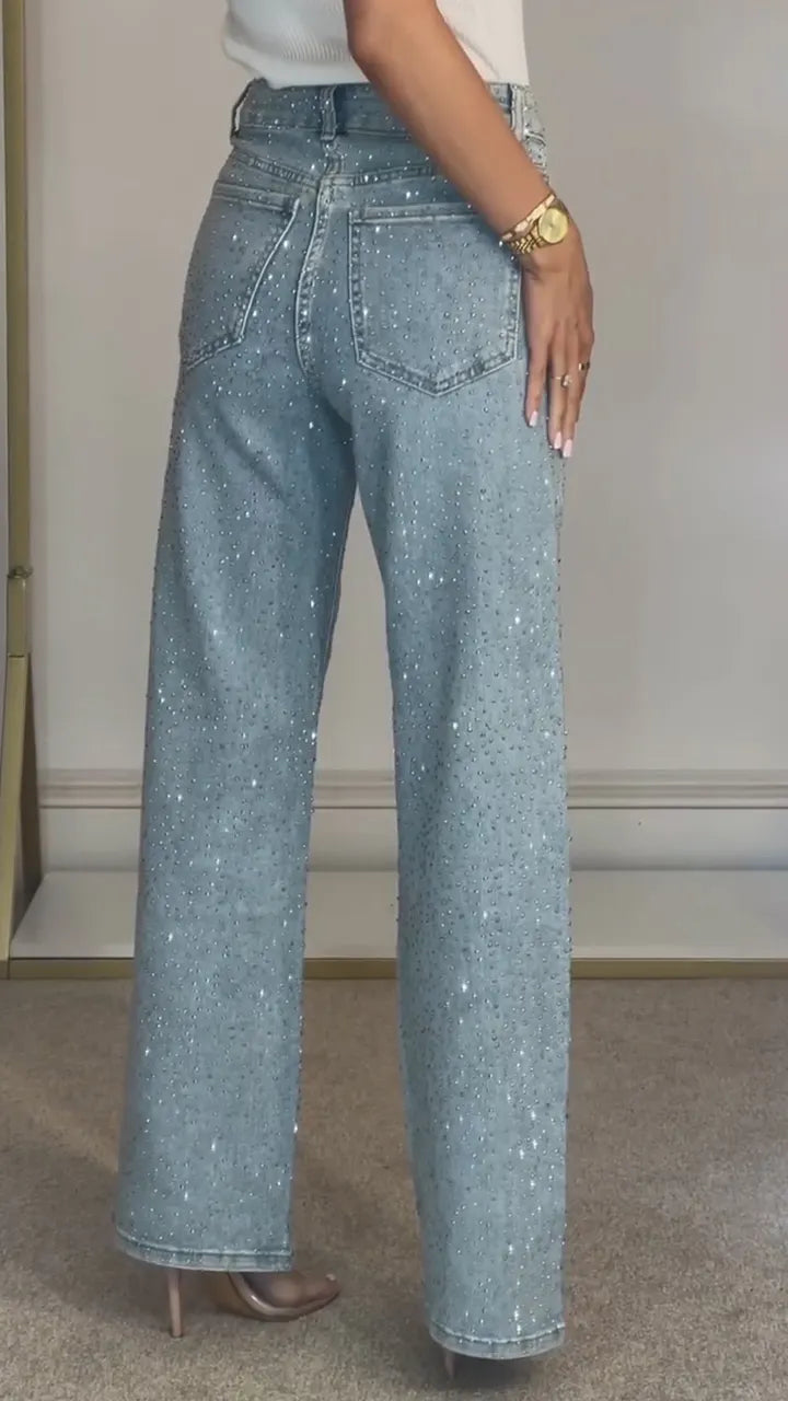 Ladies High Waisted Diamond Hot Stamping and Sparkling Casual Jeans