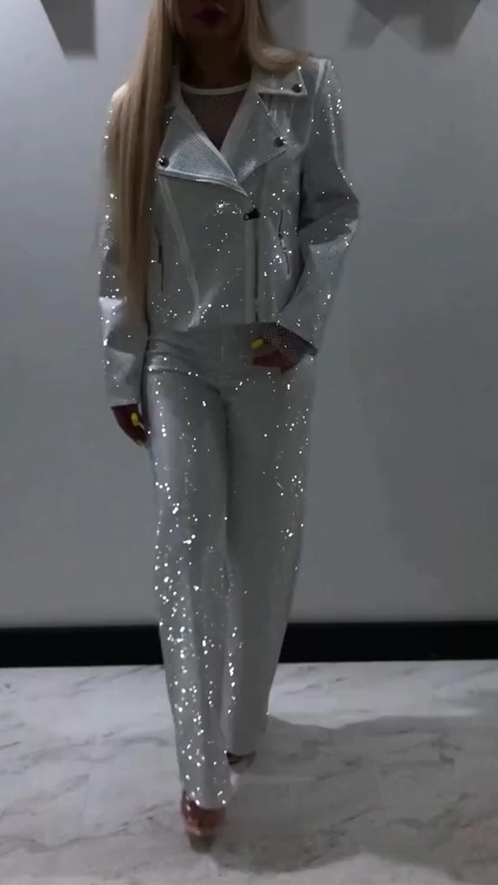 Women Laple Collar Hot Diamond Jacket+ Pants Sparkling Casual Set