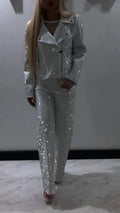 Women Laple Collar Hot Diamond Jacket+ Pants Sparkling Casual Set