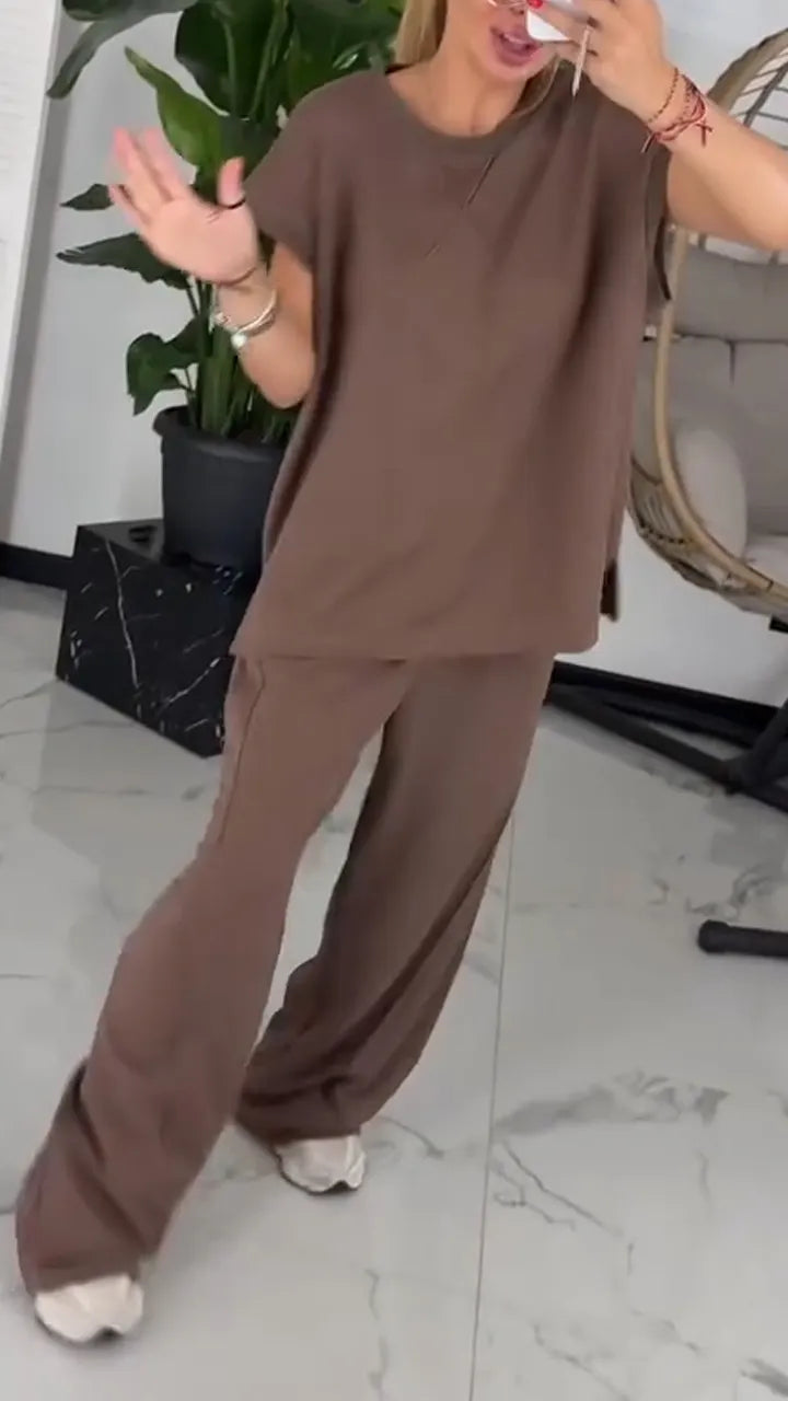 Women Round Neck Solid Color Loose Casual Suit