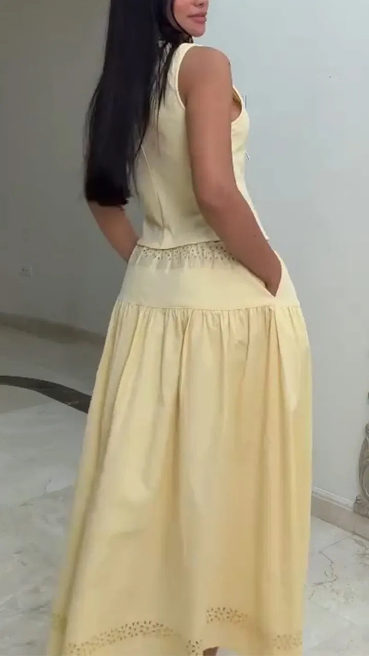 Women V-neck Lace-up Top + Skirt Elegant Casual Set