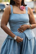 Ladies' Fashionable Casual Denim Vest Top And Denim Wide Leg Pants