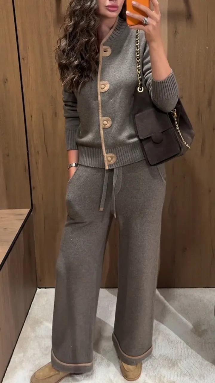 Women Round Neck Breasted Knitted Cardigan+ Pants Casual Suit