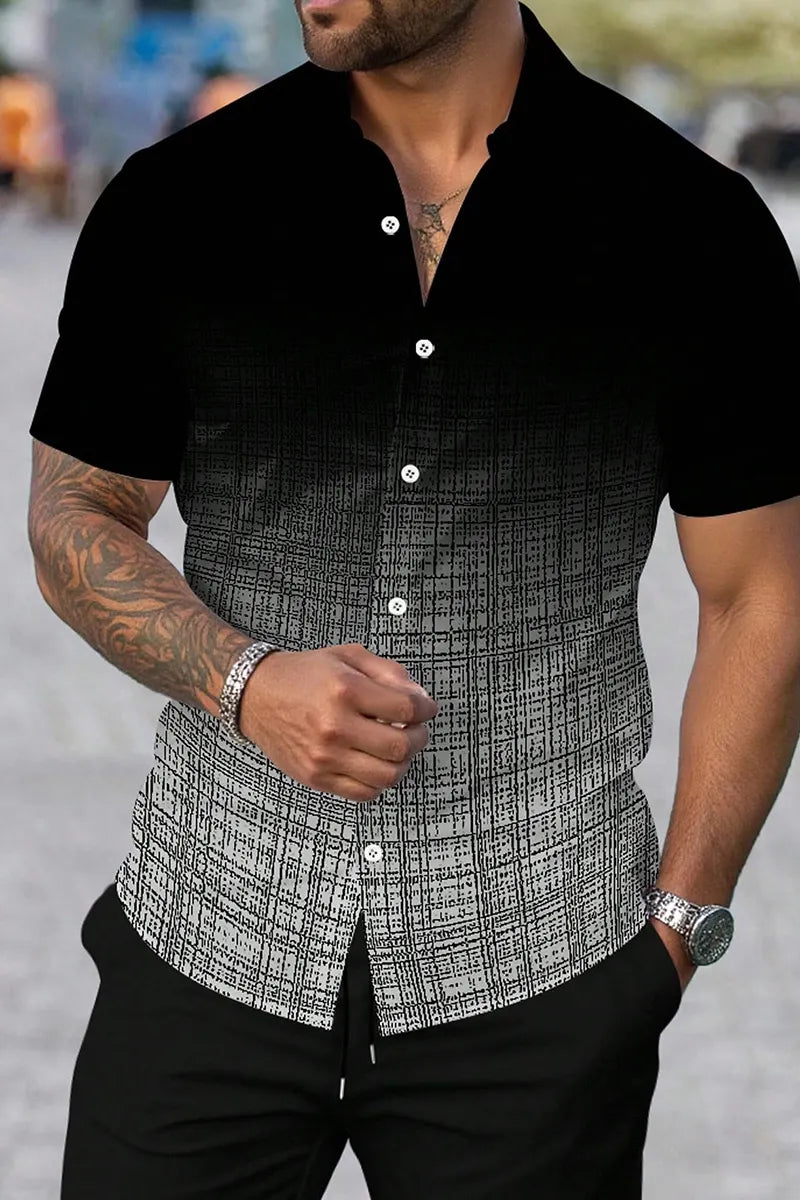 Men's Black Summer Casual Streetwear City Break Geometric Jacquard Stripe Print Short Sleeve Button Up Shirt,Relaxed Fit Camp Collar Beach Top