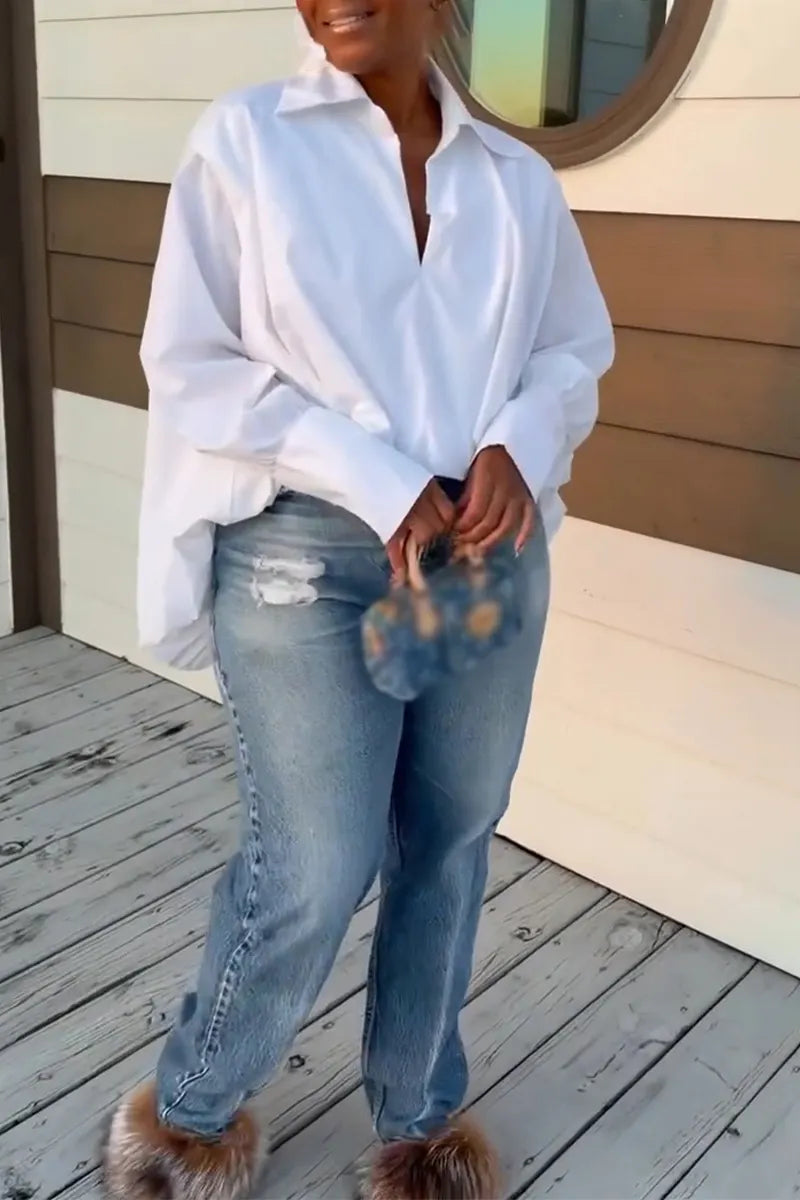 Women Collar Solid Color Shirt or Washed Scratch Jeans