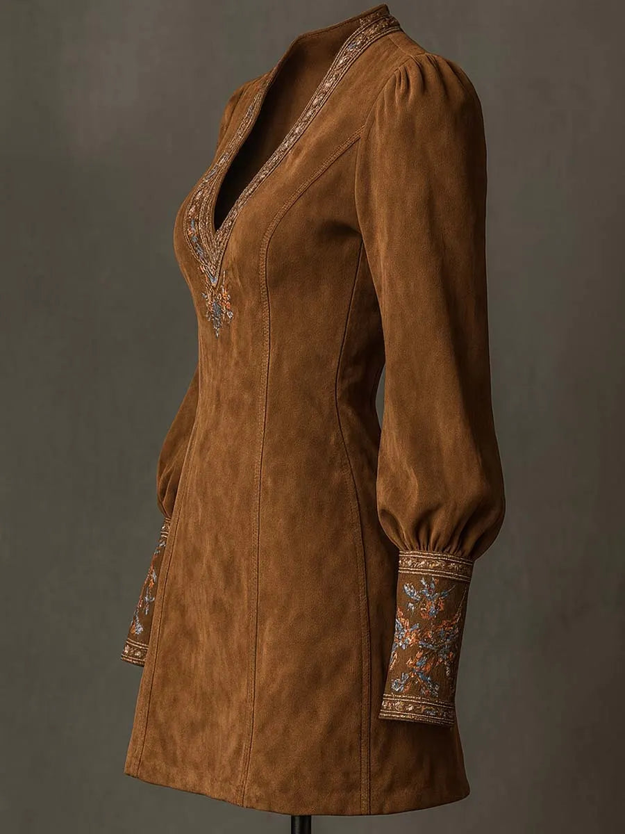 Vintage Suede Embroidered Mini Dress With Long Sleeves