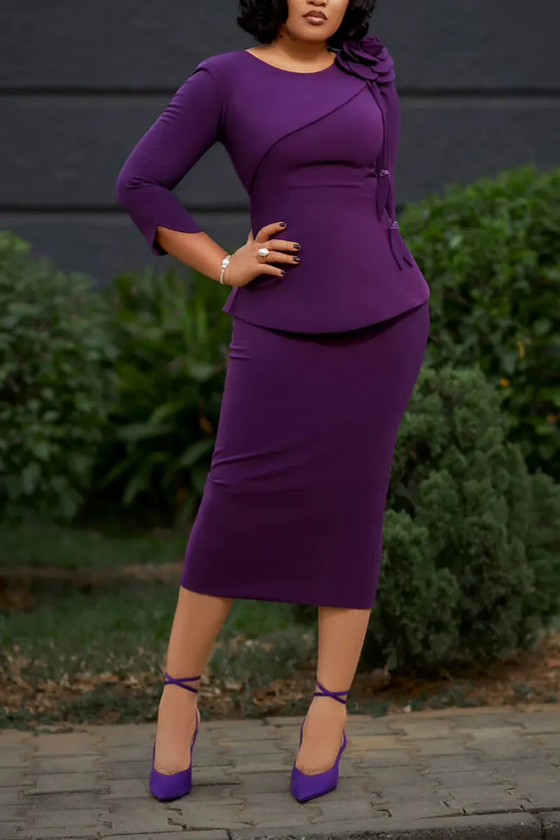 Women's Elegant 3D-Floral Trim Top Bodycon Skirt Set