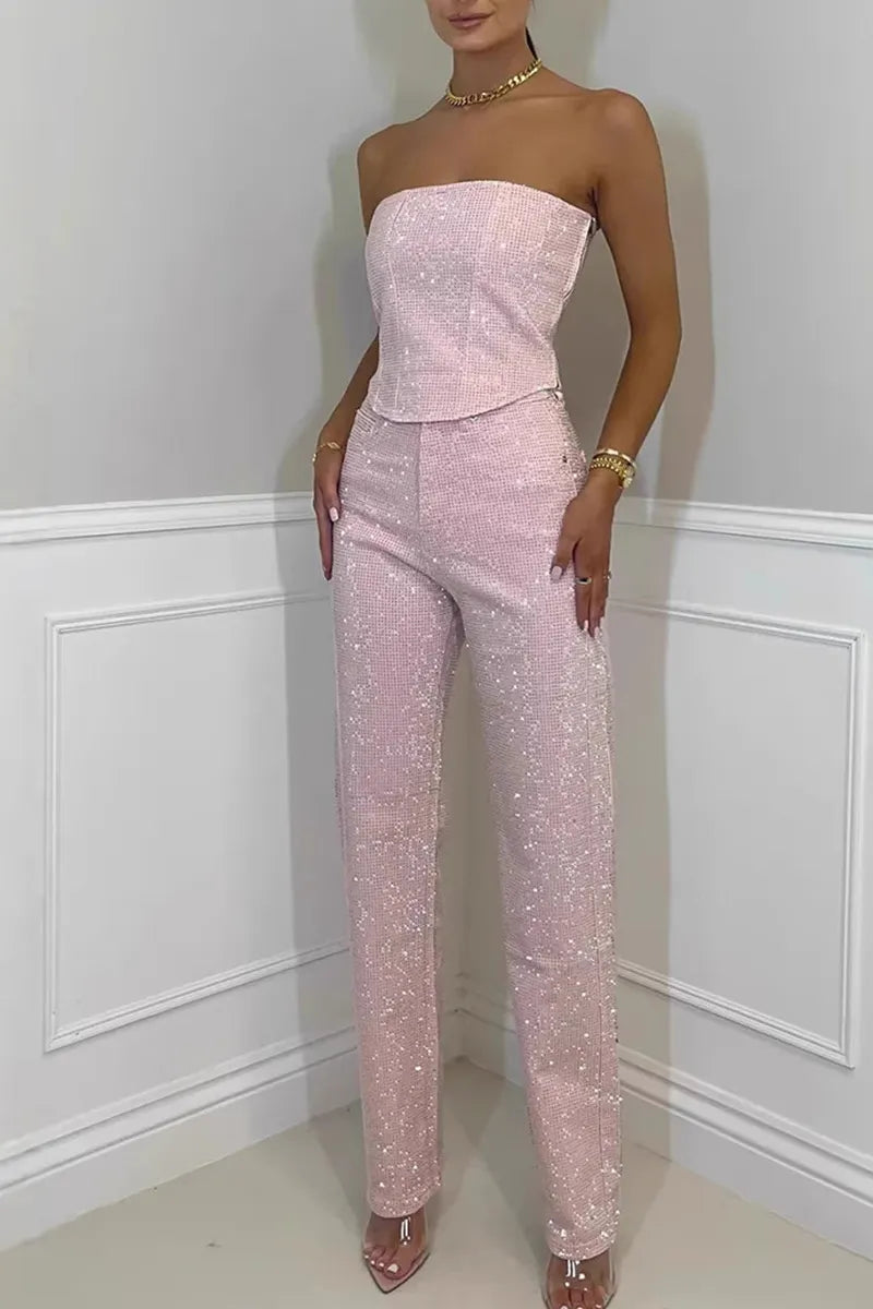 Ladies' Sexy Off Shoulder Sparkling Camisole With Diamond Trim Pants
