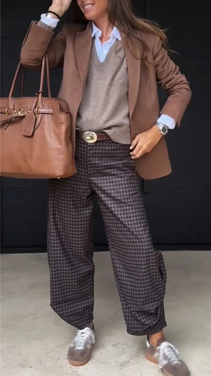 Women Temperament Commuting Collar Blazer+ Plaid Pants