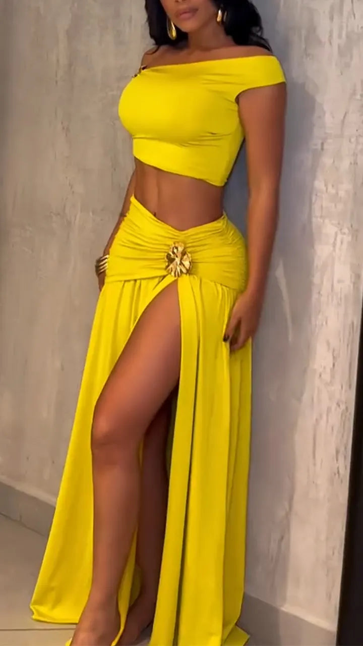 Women One-length Top + Spliced Slit Skirt Casual Vacation Travel Style Suit