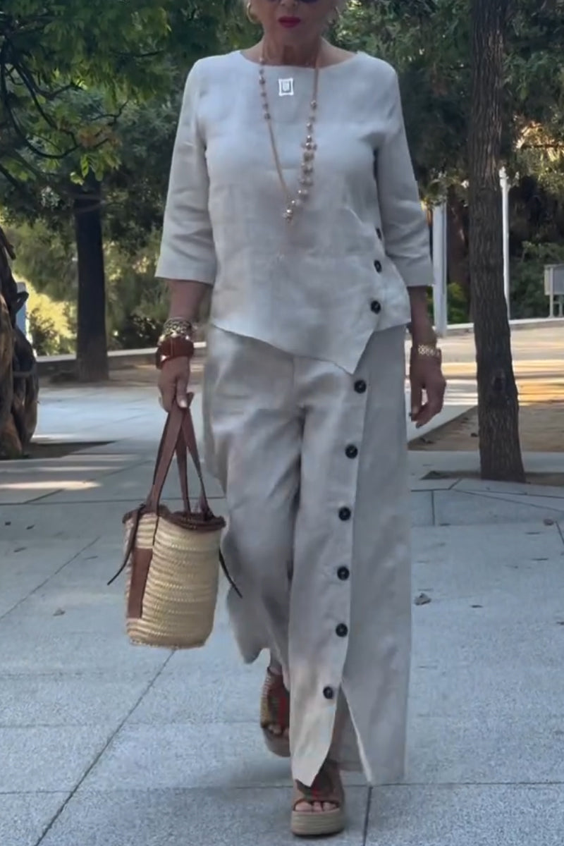 Women Round Neck Top + Breasted Pants Casual Cotton and Linen Set