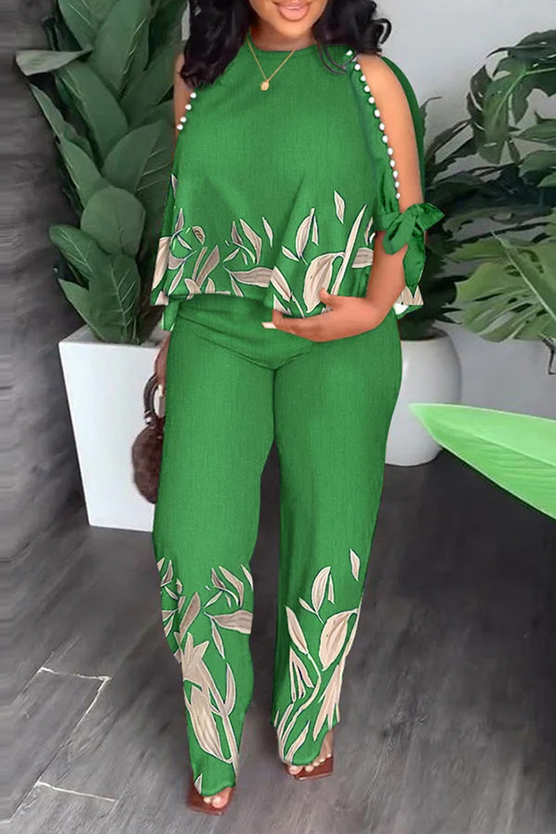 Ladies' Retro Leaf Print Slit Sleeve Top And Pants