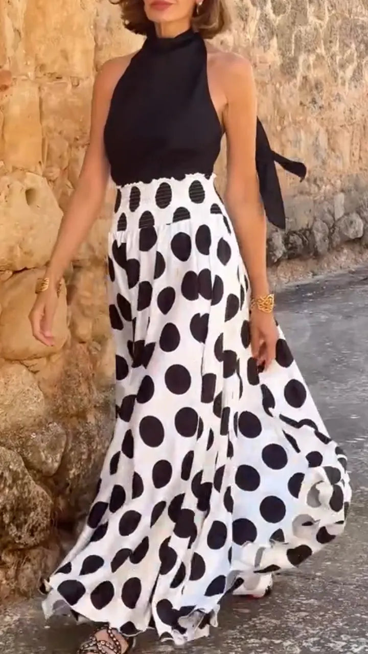Ladies Round Neck Top+polka Dot Skirt Elegant Casual Set