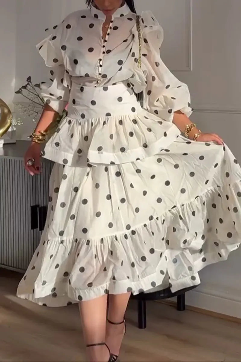 Elegant and Casual Round Neck Polka Dot Printed Top or Patchwork Skirt for Women