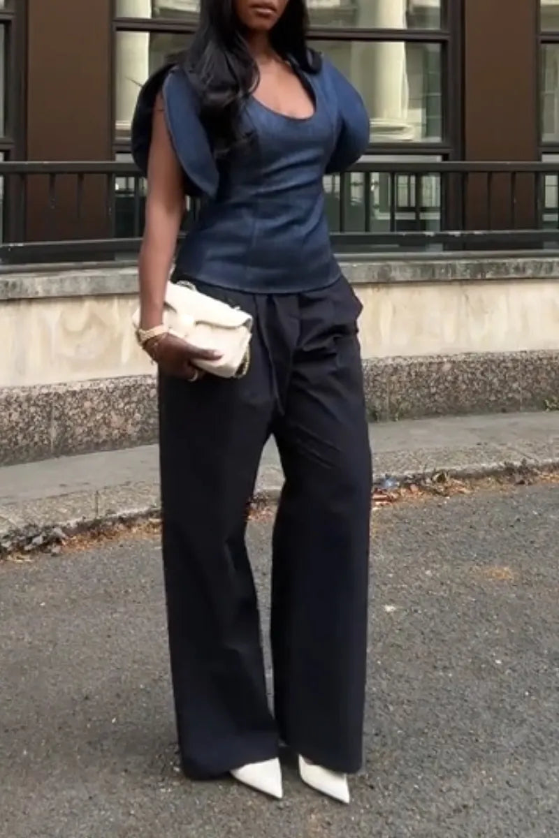 Women's U-neck Waist Cinched Denim Top or Casual Wide Leg Pants